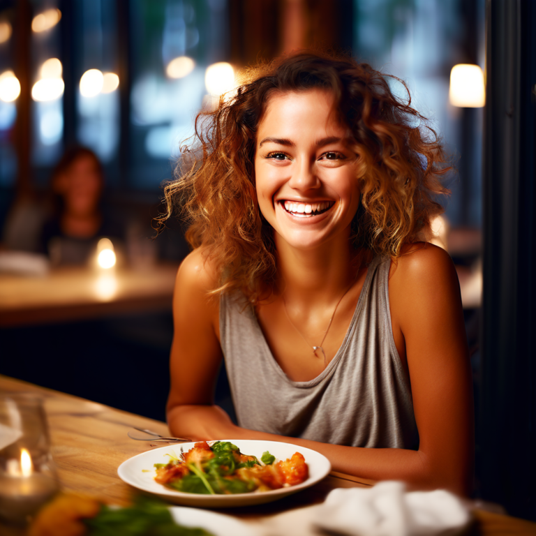 femme souriante dans un restaurant